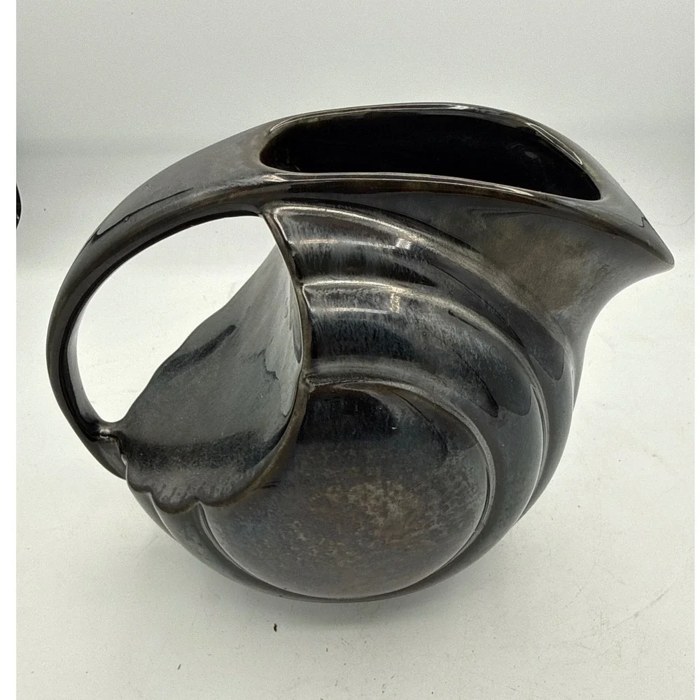 Vintage Gunsmoke Gray Ceramic Disc Pitcher Mid Century Modern Water Jug Unmarked